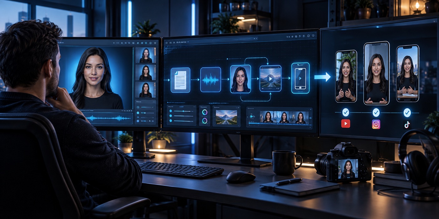 Automated workflow connecting scripts, voice, a digital avatar and published video clips