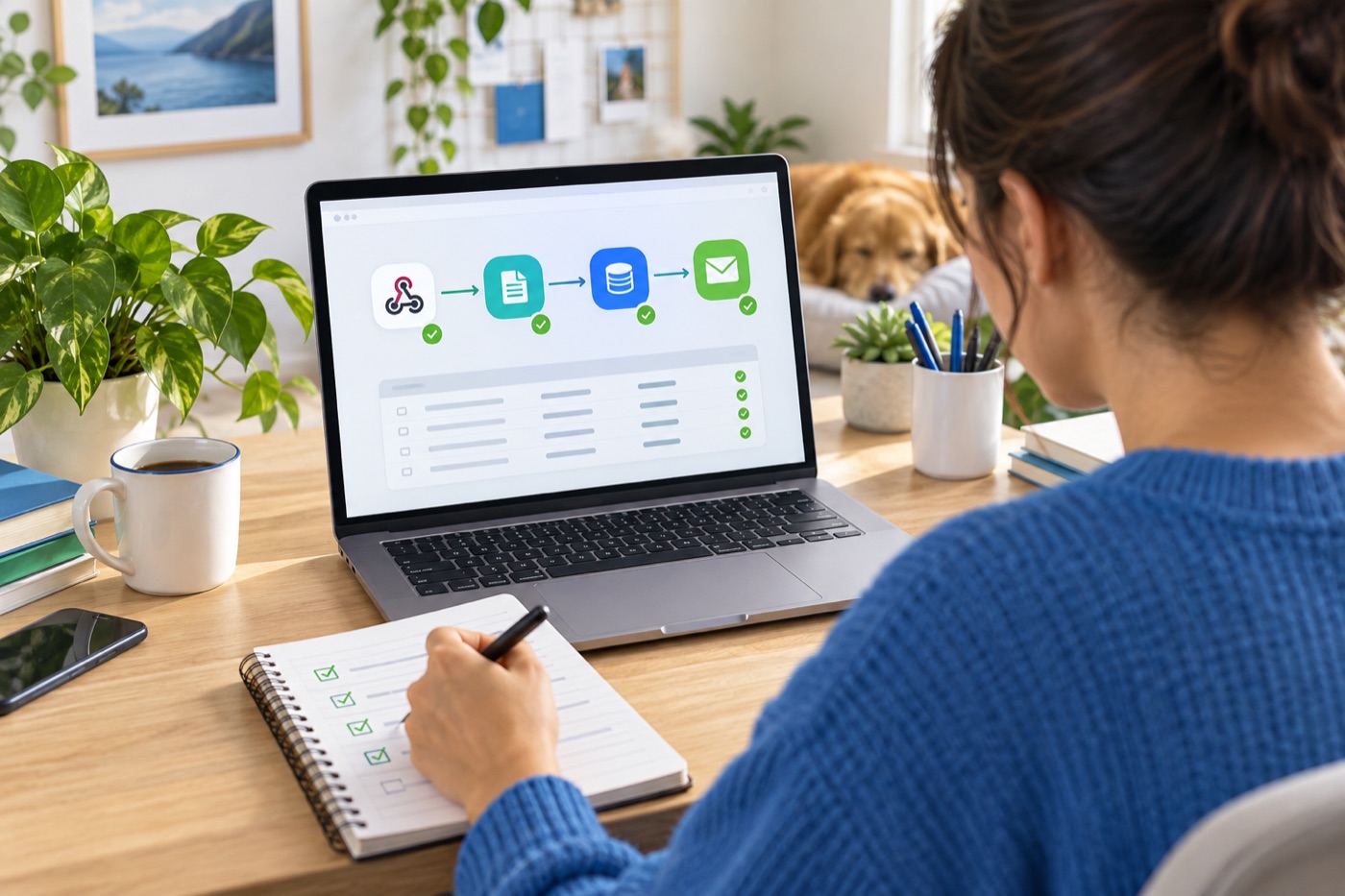 Beginner learning a visual automation workflow from a practical checklist