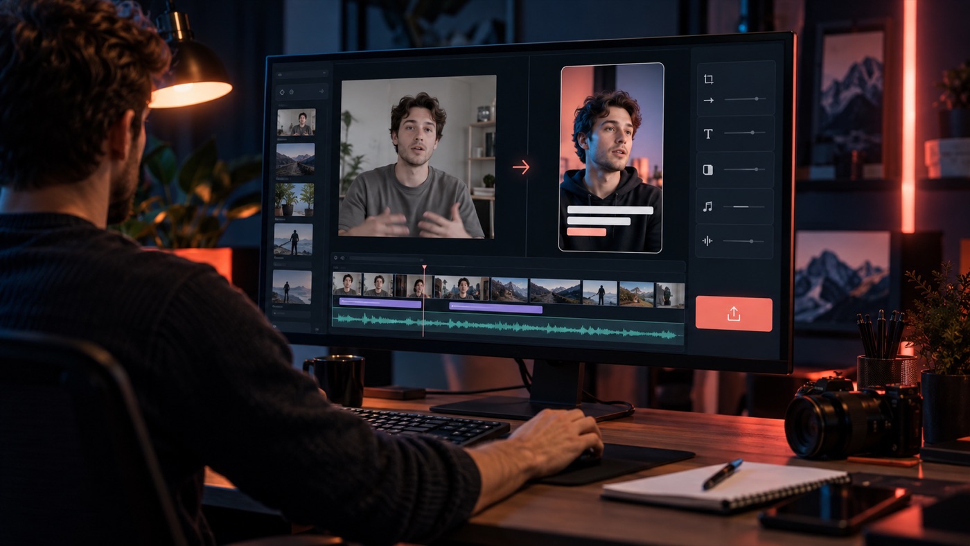Before and after view of a raw talking-head video converted into a polished vertical social clip